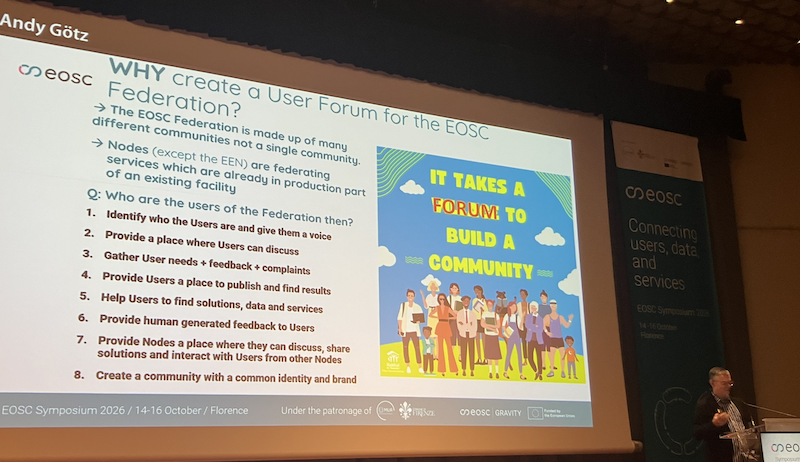 Andy Götz presenting the reasons why to create a User Forum at the EOSC Symposium 2026